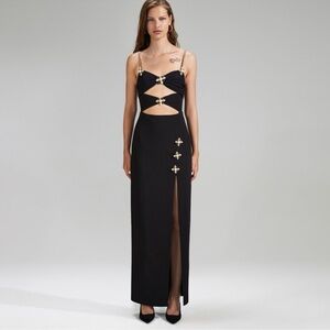 Self-Portrait Black Maxi Dress with Gold Embellished Straps